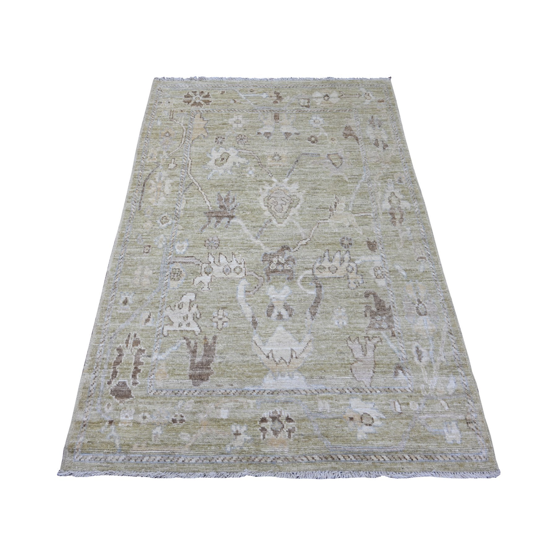 Olive Green, Afghan Angora Oushak with All Over Design, Hand Knotted, 100% Wool, Vegetable Dyes, Oriental Rug